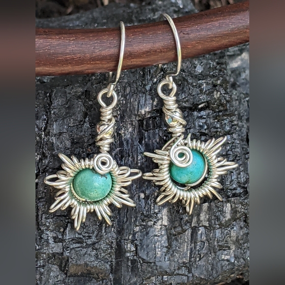Hand Crafted 925 Sterling Silver Sunburst Earrings Turquoise Gemstone Beads - Picture 14 of 15